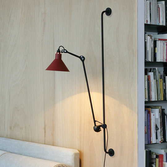 Modern 1-Head Sconce Lighting With Metal Shade - Red/Yellow Conical Wall Mount Lamp For Bedside