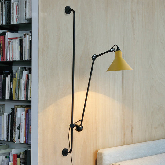 Modern 1-Head Sconce Lighting With Metal Shade - Red/Yellow Conical Wall Mount Lamp For Bedside