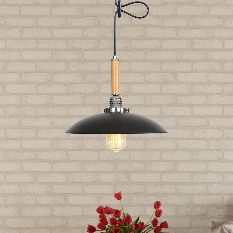 Industrial Black Metal Pendant Light With Wood Accent