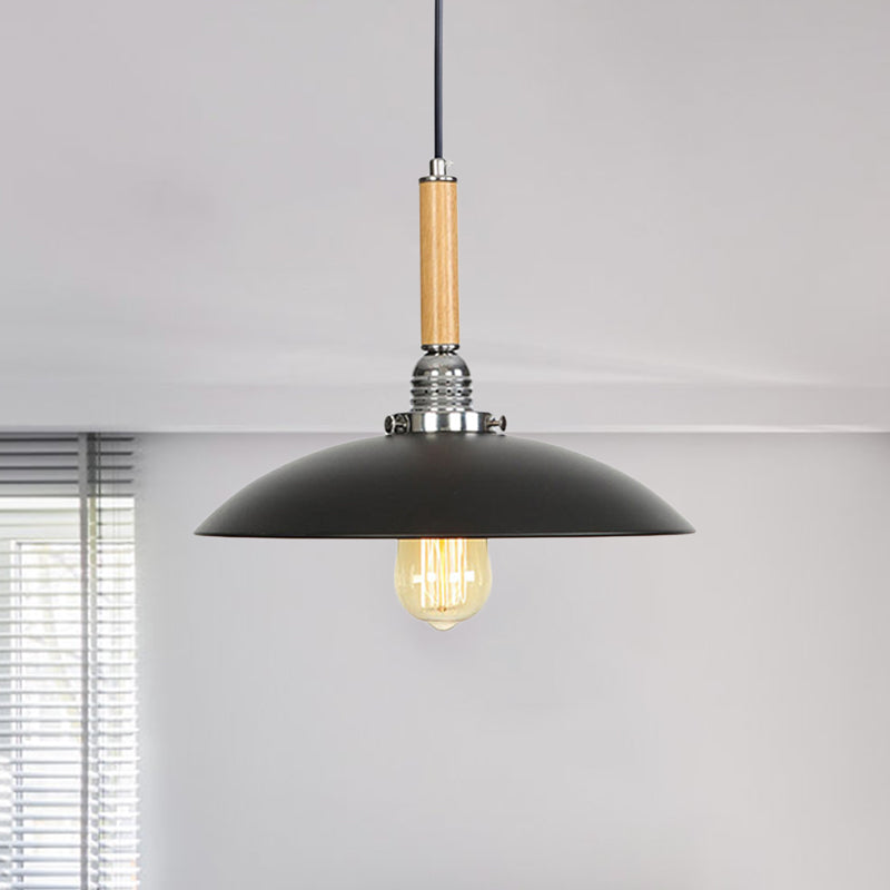 Industrial Black Metal Pendant Light With Wood Accent