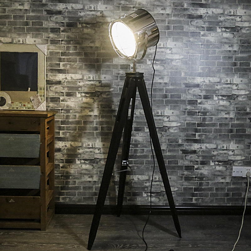 Industrial Loft Tripod Floor Lamp - Studio Spotlight Design Metal And Wood Black/White Black