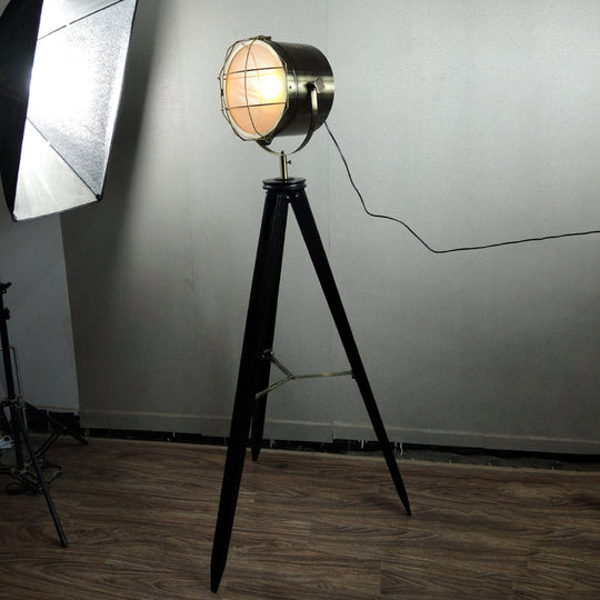 Industrial Loft Tripod Floor Lamp - Studio Spotlight Design Metal And Wood Black/White