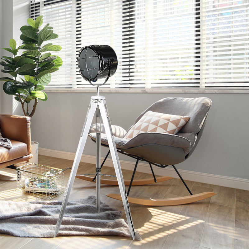 Industrial Loft Tripod Floor Lamp - Studio Spotlight Design Metal And Wood Black/White