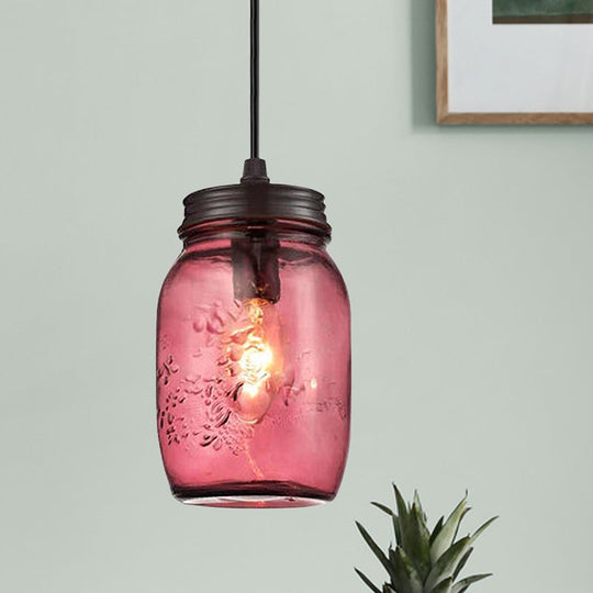 Sarah - Modern 1-Light Pendant Lighting Modern Caged Mason Jar Blown Glass Hanging Ceiling Light in Red/Green/Amber