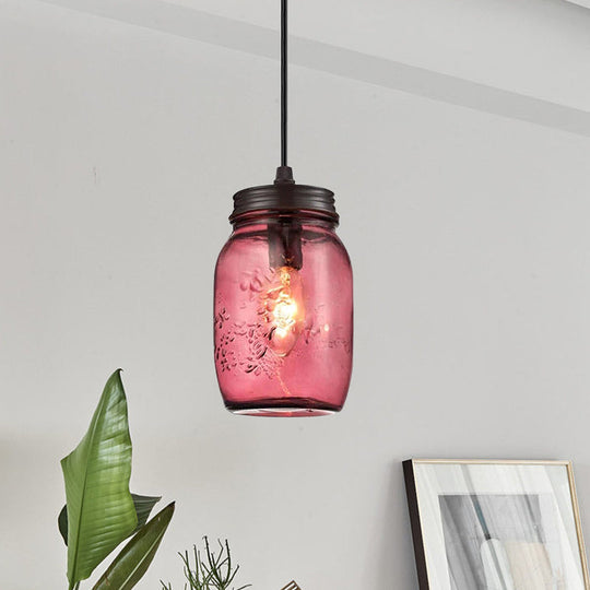 Sarah - Modern 1-Light Pendant Lighting Modern Caged Mason Jar Blown Glass Hanging Ceiling Light in Red/Green/Amber