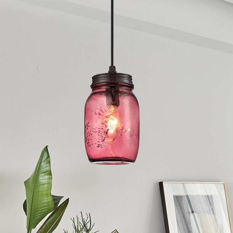 Modern Caged Mason Jar Blown Glass Pendant Light - 1-Light Red/Green/Amber Colors