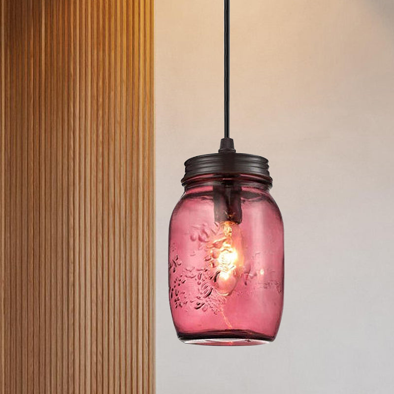 Sarah - Modern 1-Light Pendant Lighting Modern Caged Mason Jar Blown Glass Hanging Ceiling Light in Red/Green/Amber