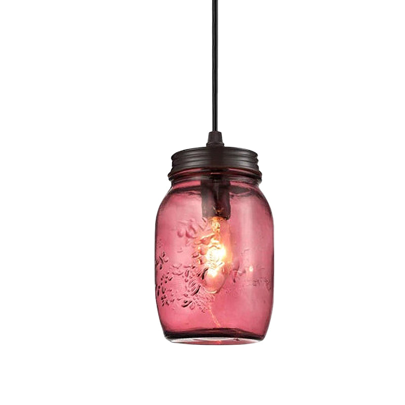 Sarah - Modern 1-Light Pendant Lighting Modern Caged Mason Jar Blown Glass Hanging Ceiling Light in Red/Green/Amber