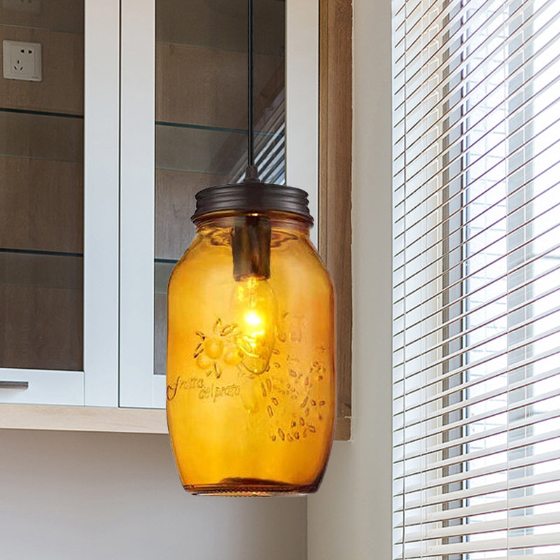 Sarah - Modern 1-Light Pendant Lighting Modern Caged Mason Jar Blown Glass Hanging Ceiling Light in Red/Green/Amber