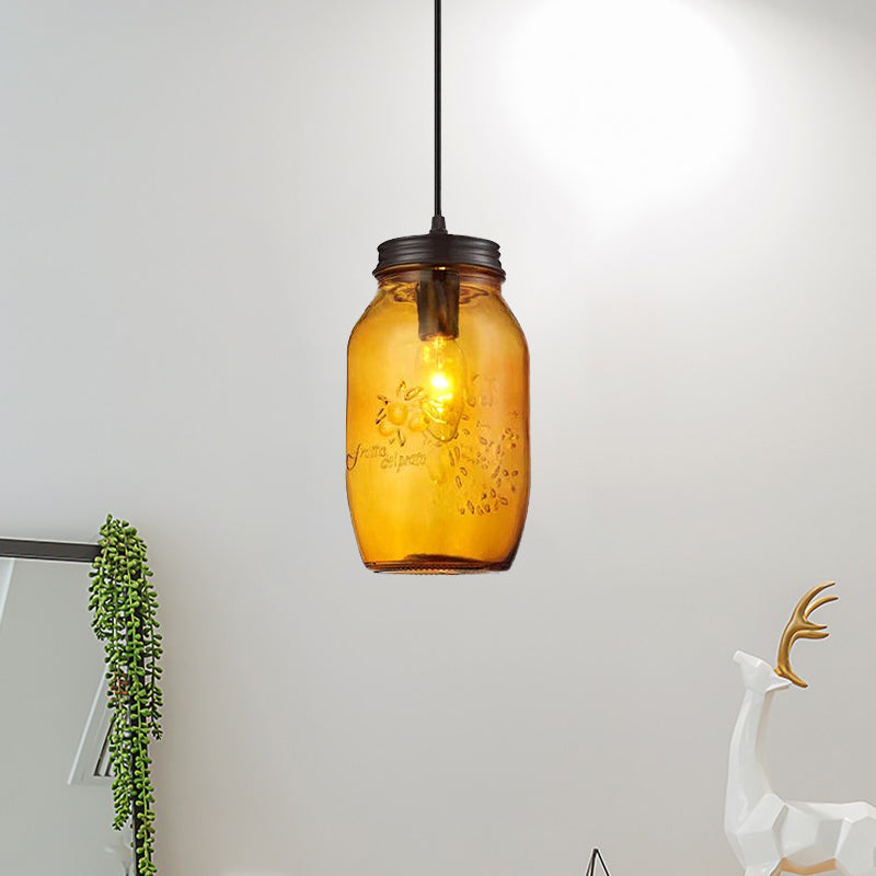 Sarah - Modern 1-Light Pendant Lighting Modern Caged Mason Jar Blown Glass Hanging Ceiling Light in Red/Green/Amber