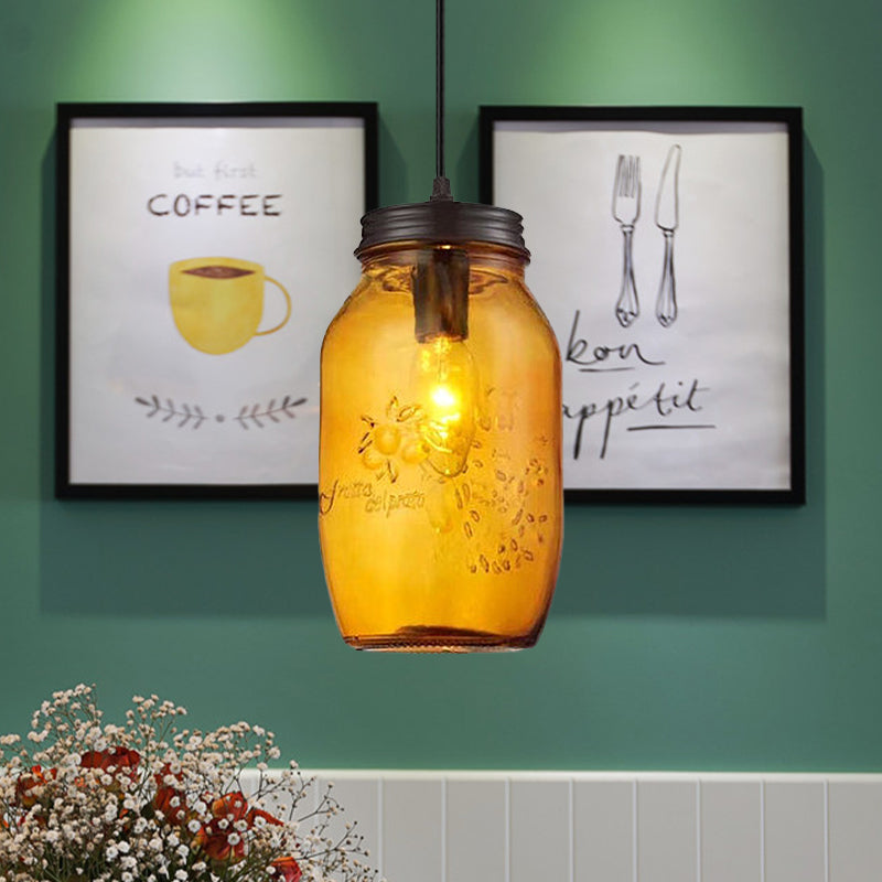 Sarah - Modern 1-Light Pendant Lighting Modern Caged Mason Jar Blown Glass Hanging Ceiling Light in Red/Green/Amber