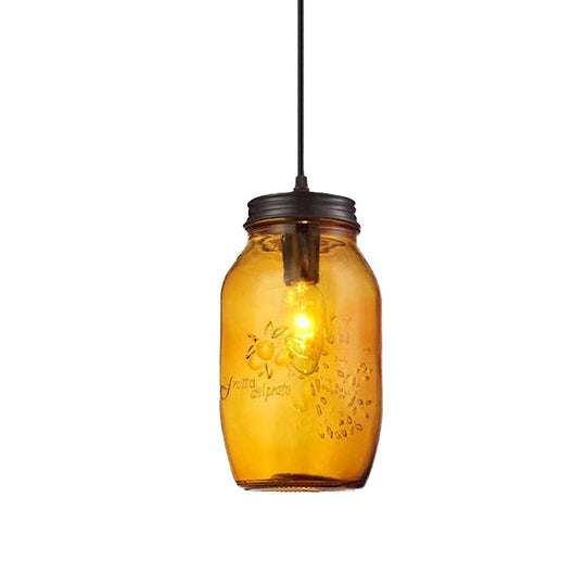 Sarah - Modern 1-Light Pendant Lighting Modern Caged Mason Jar Blown Glass Hanging Ceiling Light in Red/Green/Amber