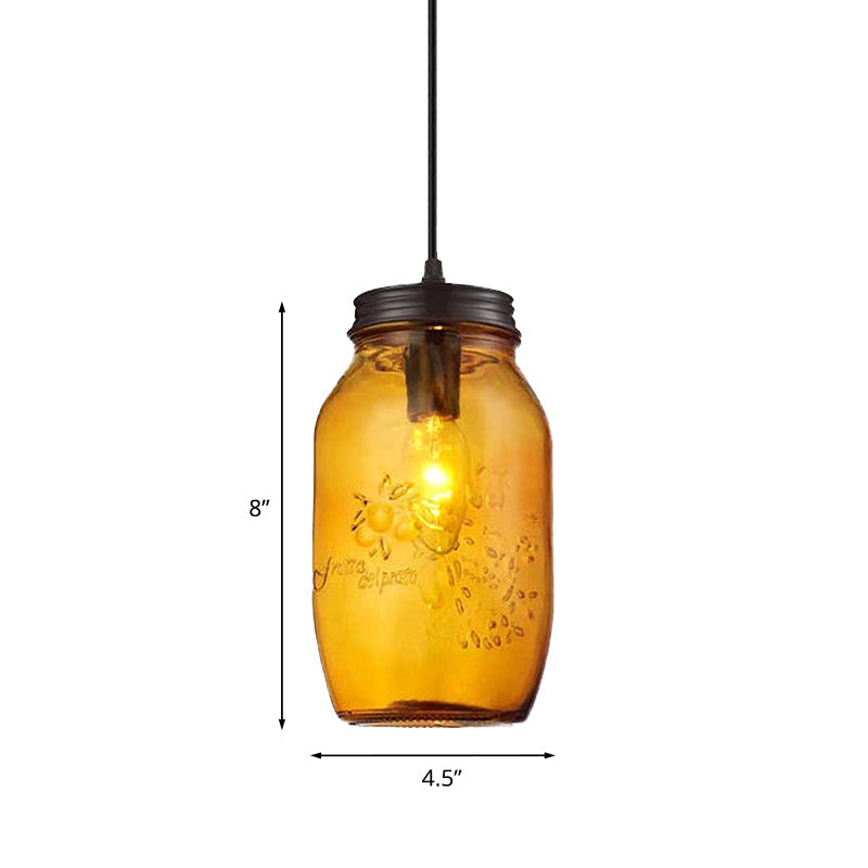 Sarah - Modern 1-Light Pendant Lighting Modern Caged Mason Jar Blown Glass Hanging Ceiling Light in Red/Green/Amber