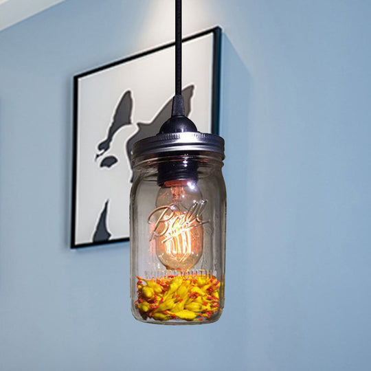 Modern Caged Mason Jar Blown Glass Pendant Light - 1-Light Red/Green/Amber Colors