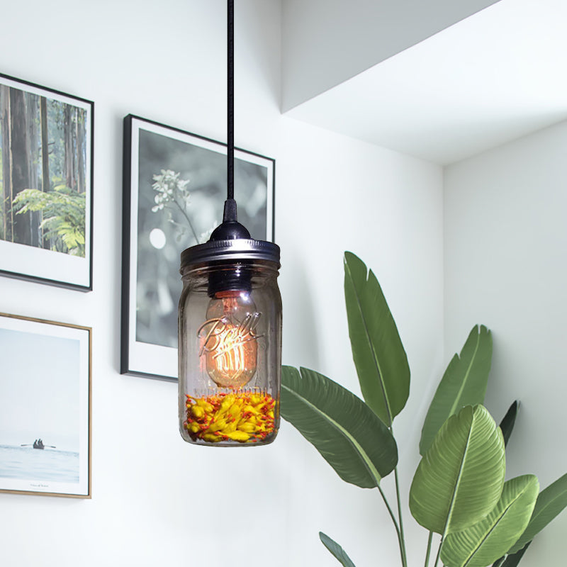 Modern Caged Mason Jar Blown Glass Pendant Light - 1-Light Red/Green/Amber Colors