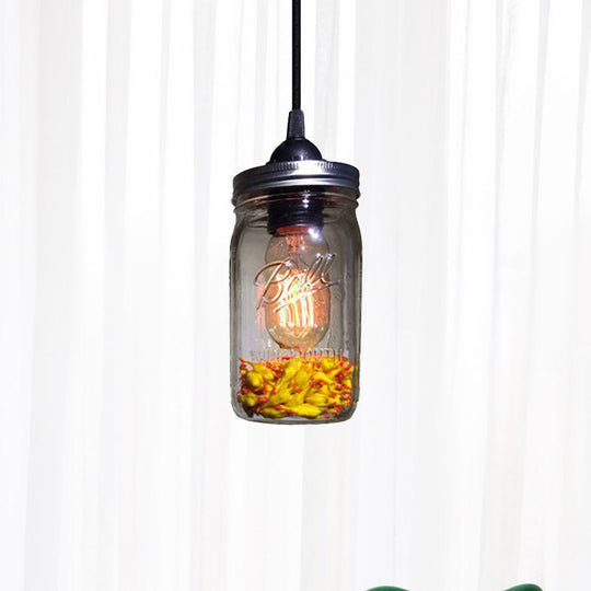 Sarah - Modern 1-Light Pendant Lighting Modern Caged Mason Jar Blown Glass Hanging Ceiling Light in Red/Green/Amber