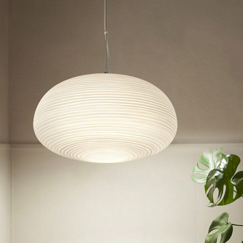 Post-Modern White Glass Cocoon Pendant Light With Ribbed Design 1-Light Ceiling Hanging Fixture