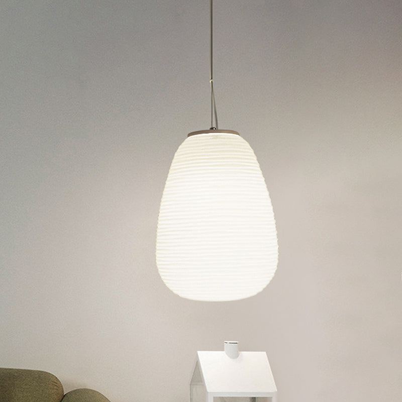 Post-Modern White Glass Cocoon Pendant Light with Ribbed Design, 1-Light Ceiling Hanging Fixture