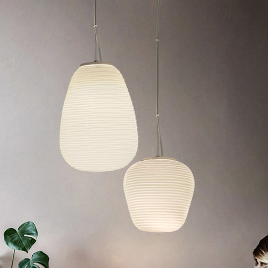 Post-Modern White Glass Cocoon Pendant Light with Ribbed Design, 1-Light Ceiling Hanging Fixture