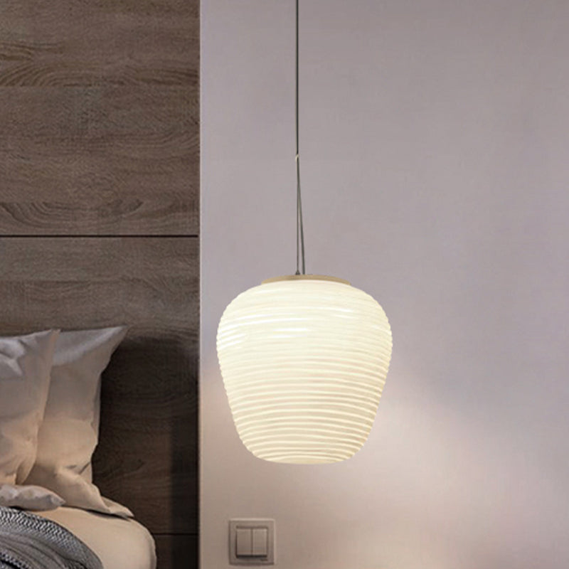 Post-Modern White Glass Cocoon Pendant Light With Ribbed Design 1-Light Ceiling Hanging Fixture