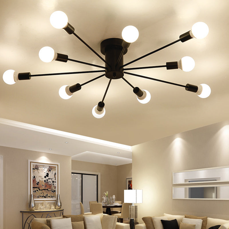 Sputnik Style Ceiling Light in Black/White/Gold with 6/8/10 Heads - Contemporary Semi-Mount Fixture for Bedrooms