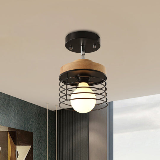 Simple Stylish Iron Drum Cage Flush Ceiling Light - Rotatable 1 Light Ceiling Lamp for Balconies