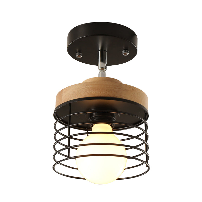 Simple Stylish Iron Drum Cage Flush Ceiling Light - Rotatable 1 Light Ceiling Lamp for Balconies