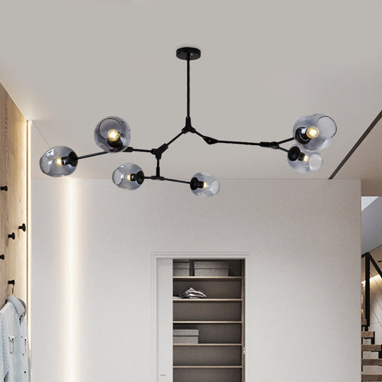 Modern Black/Gold Branch Chandelier Lamp - 5/6 Lights Smoke Gray/Tan Glass Dining Room Lighting