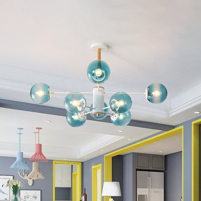 Modern White/Blue/Amber Glass Pendant Chandelier: Spherical Shade 6/8/9 Light Hanging Lamp