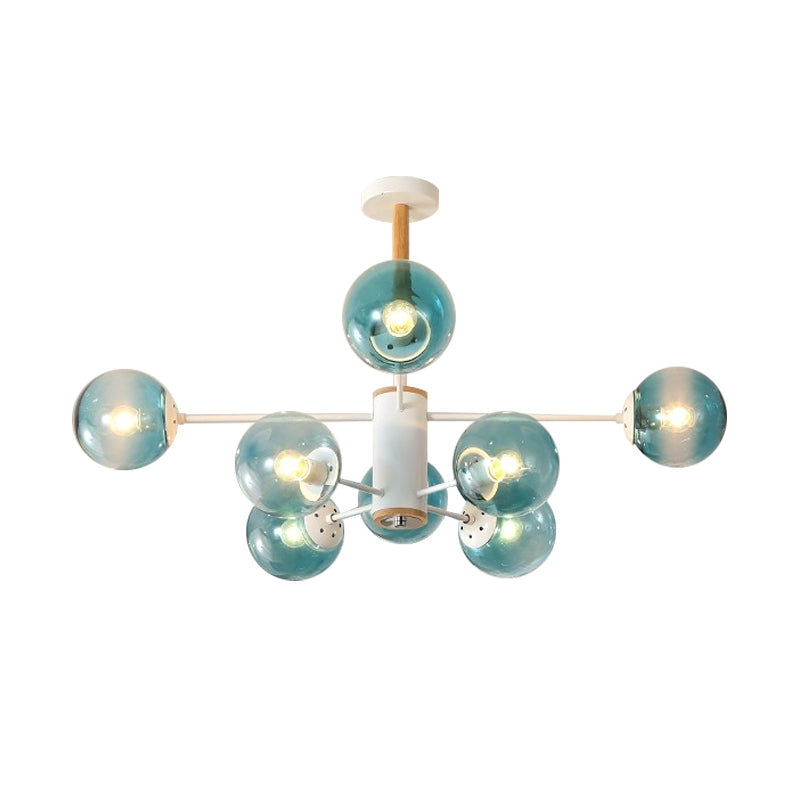 Modern White/Blue/Amber Glass Pendant Chandelier: Spherical Shade 6/8/9 Light Hanging Lamp