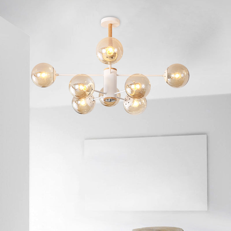 Modern White/Blue/Amber Glass Pendant Chandelier: Spherical Shade 6/8/9 Light Hanging Lamp 8 / Amber