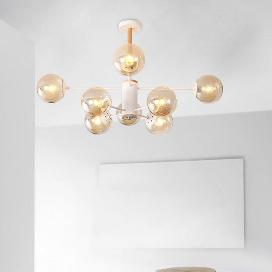 Modern White/Blue/Amber Glass Pendant Chandelier: Spherical Shade 6/8/9 Light Hanging Lamp 8 / Amber