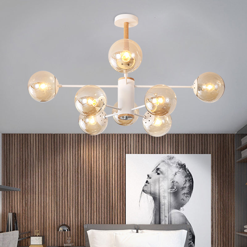 Modern White/Blue/Amber Glass Pendant Chandelier: Spherical Shade 6/8/9 Light Hanging Lamp