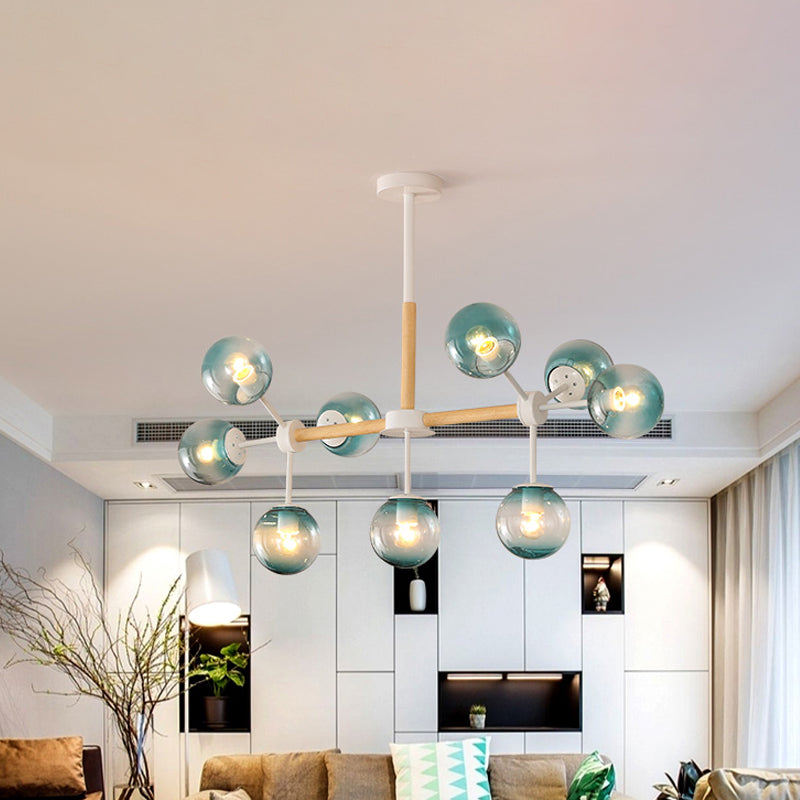 Modern White/Blue/Amber Glass Pendant Chandelier: Spherical Shade 6/8/9 Light Hanging Lamp 9 / Blue