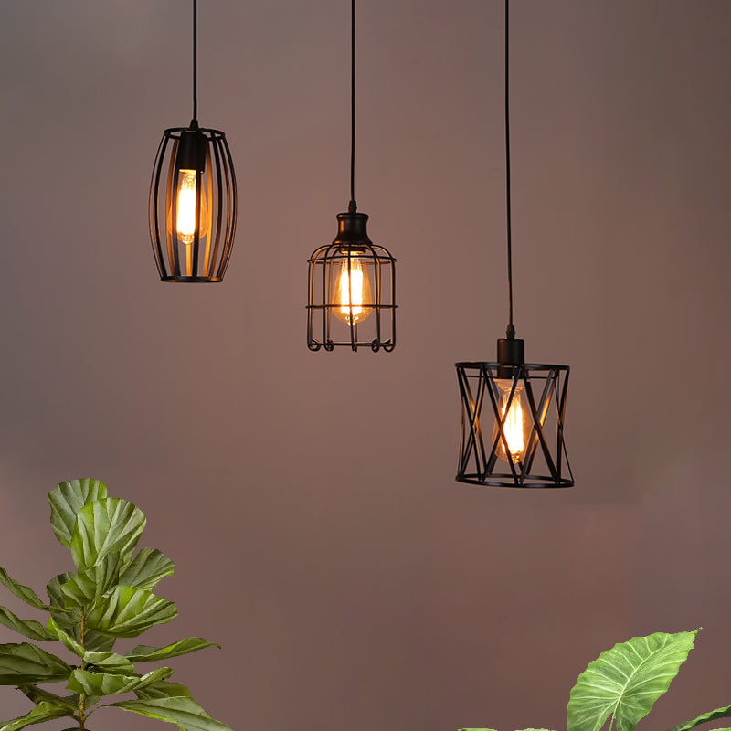 Farmhouse Wire Guard Pendant Light With Adjustable Cord - Set Of 3 Bulbs In Black Finish