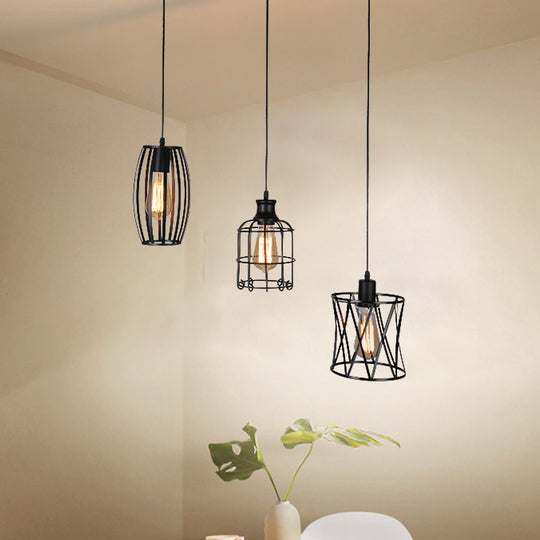 Farmhouse Style Hanging Lamp with Wire Guard and Adjustable Cord - 3 Bulb Pendant Light in Black Finish