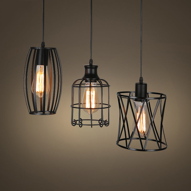 Farmhouse Style Hanging Lamp with Wire Guard and Adjustable Cord - 3 Bulb Pendant Light in Black Finish