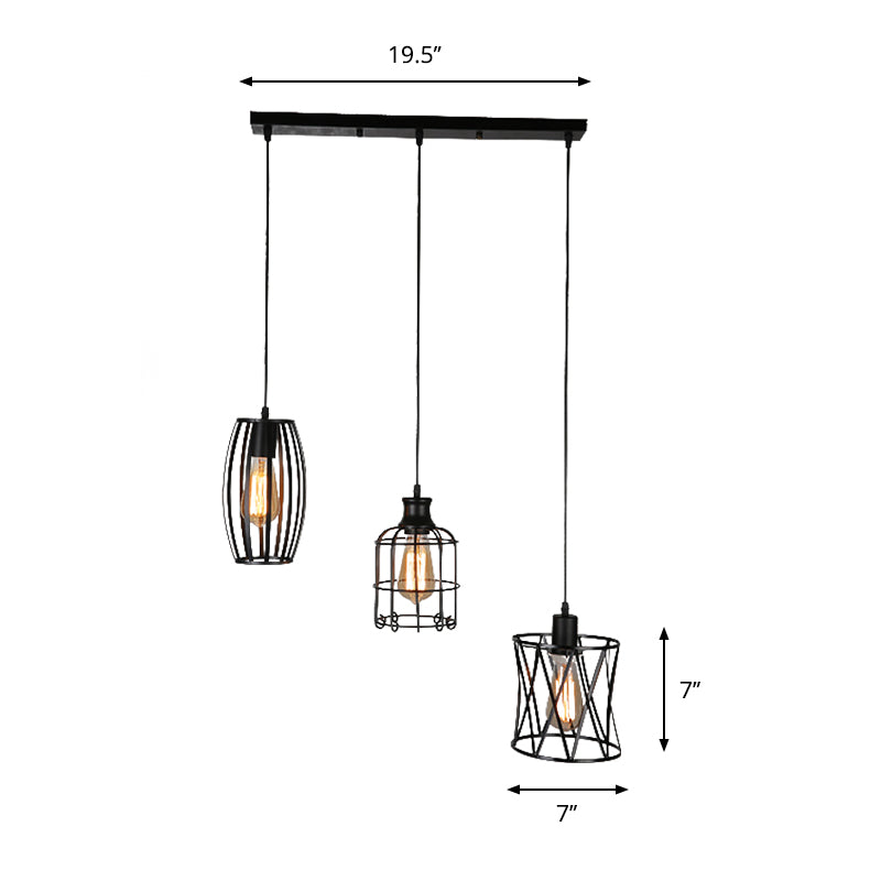 Farmhouse Style Hanging Lamp with Wire Guard and Adjustable Cord - 3 Bulb Pendant Light in Black Finish