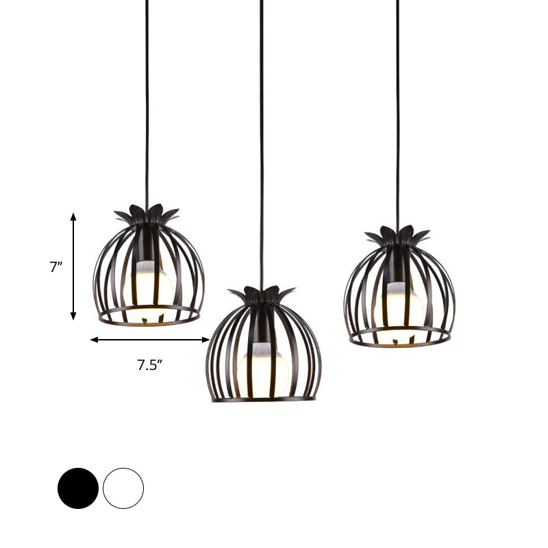 Dome Cage Pendant Light with 3 Heads in Metallic Loft Style for Dining Room - Black/White