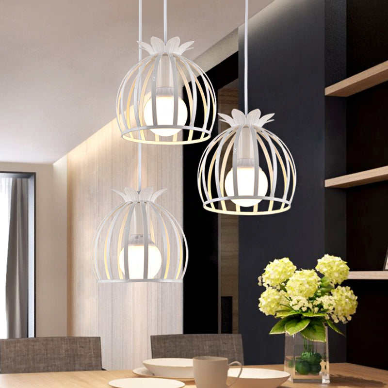 Dome Cage Pendant Light with 3 Heads in Metallic Loft Style for Dining Room - Black/White