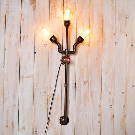 Steampunk Trident Exposed Sconce Lighting: 3-Light Metallic Wall Fixture In Bronze