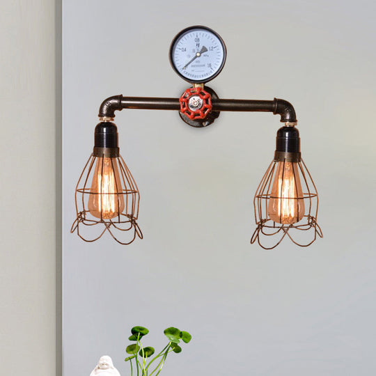 Vintage Black Metal Wall Light With Wire Frame Mount - Includes 2 Bulbs And Pressure Gauge Deco