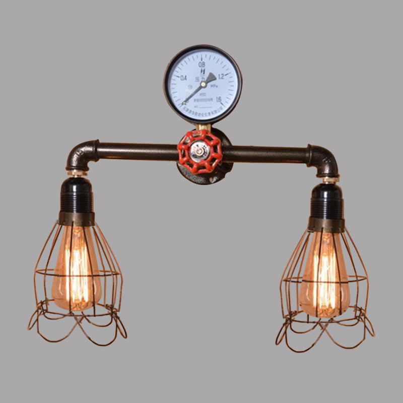 Vintage Black Metal Wall Light With Wire Frame Mount - Includes 2 Bulbs And Pressure Gauge Deco