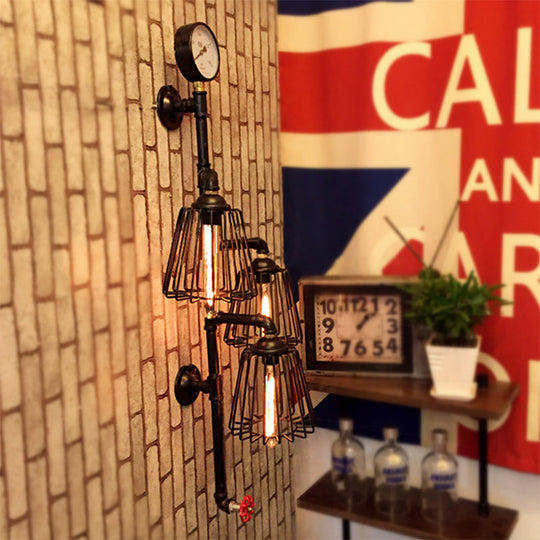 Industrial Style Black Metal Wall Lamp: Tapered Cage Sconce With 3 Lights - Perfect For Restaurants