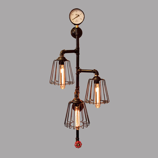 Industrial Style Black Metal Wall Lamp: Tapered Cage Sconce With 3 Lights - Perfect For Restaurants