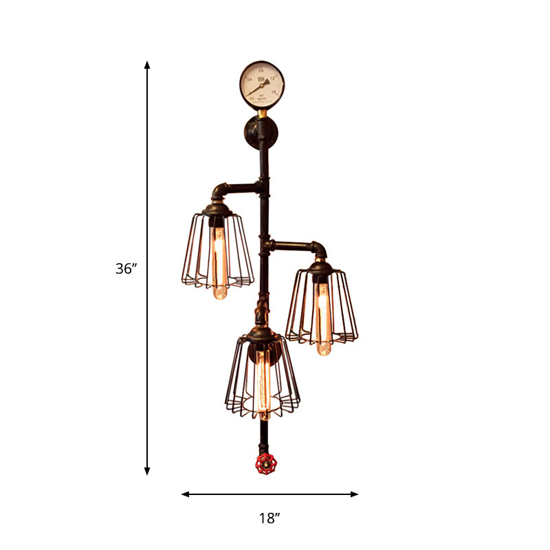 Industrial Style Black Metal Wall Lamp: Tapered Cage Sconce With 3 Lights - Perfect For Restaurants