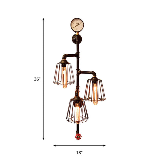 Industrial Style Black Metal Wall Lamp: Tapered Cage Sconce With 3 Lights - Perfect For Restaurants