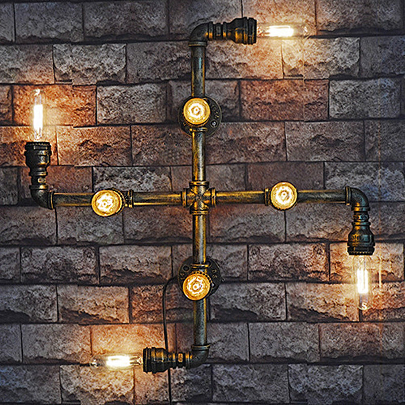 Antique Brass 8-Light Industrial Twisted Pipe Wall Lamp With Open Bulb - Metallic Sconce Lighting