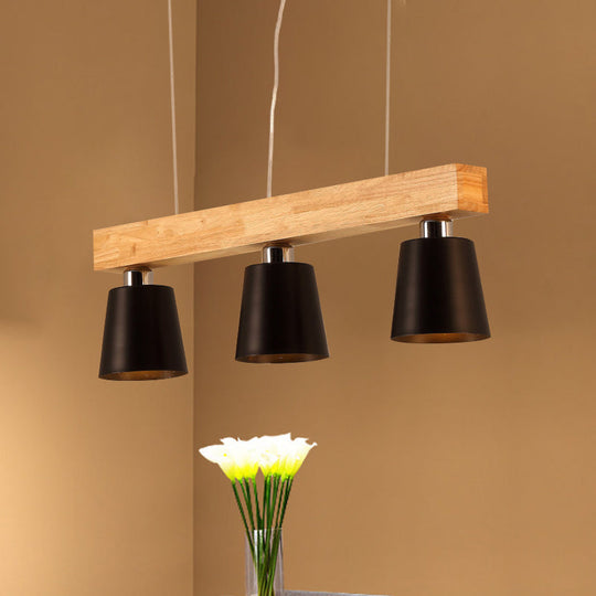 Modern Tapered Indoor Ceiling Light - 3 Heads Black/White Island Lighting With Wooden Beam Black