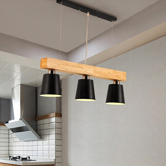 Modern Tapered Indoor Ceiling Light - 3 Heads Black/White Island Lighting With Wooden Beam